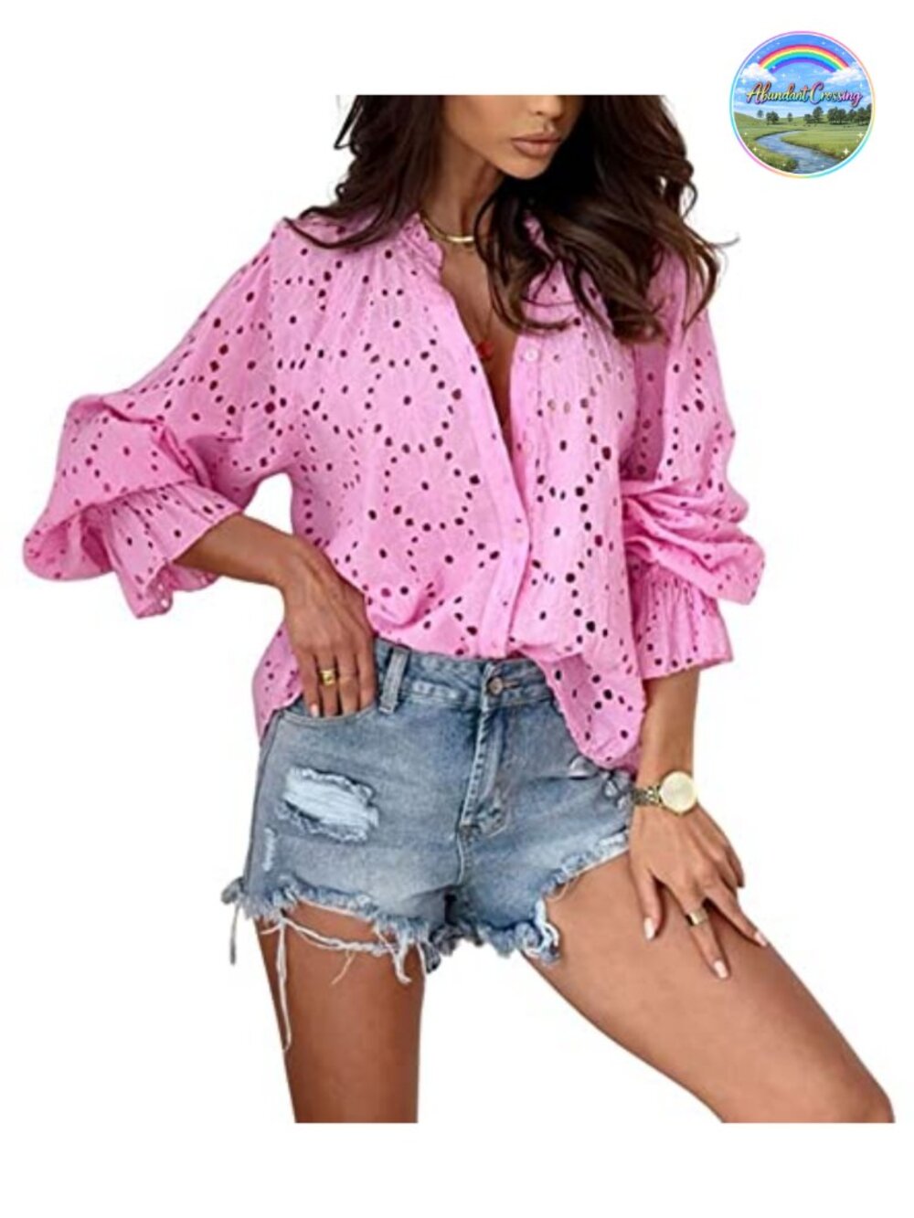 Boho Crochet Blouse Lantern Sleeve Button Down Lace Eyelet Top
